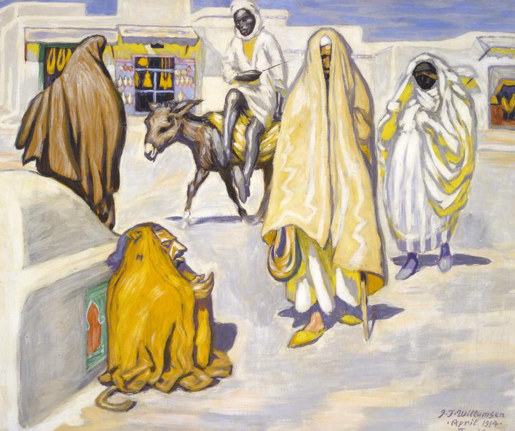 På Willumsens maleri af arabere i Tunis sidder en fattig tigger sammenkrøbet foran en hellig grav. Billedet er et af de stærkeste fra kunstnerens rejse til Tunesien i 1914. Tilhører Willumsens Museum. Foto: Willumsens Museum