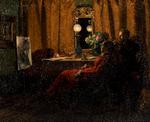 Fællesmaleriet ’Dagens arbejde bedømmes’ fra 1883 er en kollektiv kærlighedserklæring fra Anna og Michael Ancher til deres fælles arbejde: Malerkunsten.  Foto: Statens Museum for Kunst, deponeret på Skagens Kunstmuseer