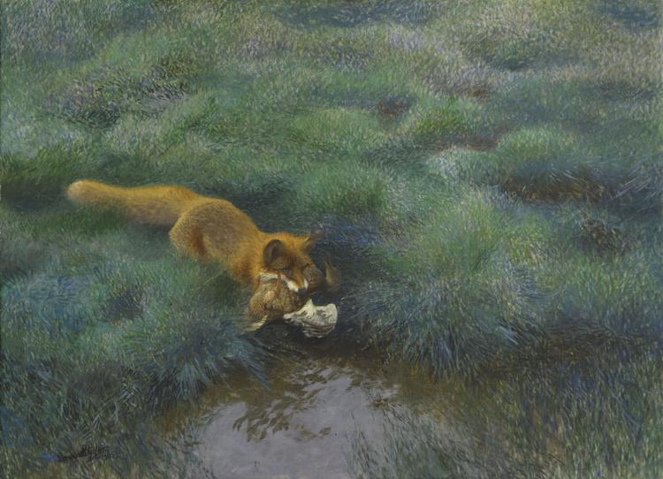 'Ræv og and' fra 1905 hænger til daglig på Thielska Galleriet i Stockholm. Rigmanden og jagtentusiasten Ernest Thiel var som mæcen afgørende for at løfte Bruno Liljefors op i samfundets højere luftlag.  Foto: Thielska Galleriet Per Myrehed