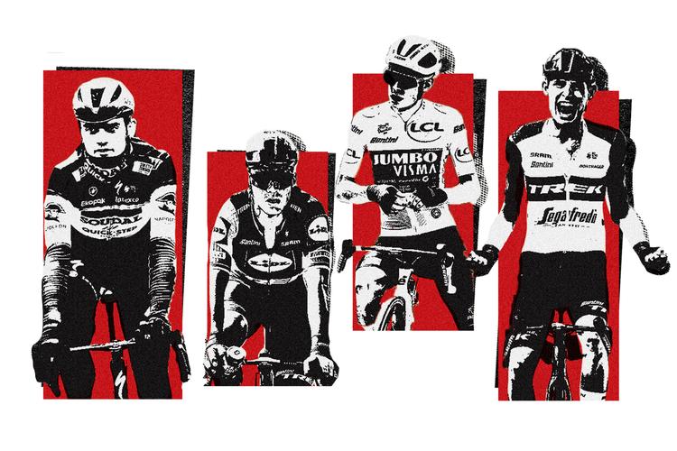Stærke, danske cykelryttere har i den grad domineret den internationale cykelscene med store sejre i denne sæson. Fra venstre ses Kasper Asgreen, Mads Pedersen, Jonas Vingegaard og Mattias Skjelmose Foto: Ritzau Scanpix / Illustration: Karen Rosenlund