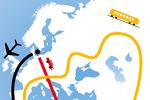 Der er stor forskel på dit klimaaftryk, alt efter om du flyver, kører i bil, eller tager bus eller tog på rejsen.  Illustration Jens Mørch