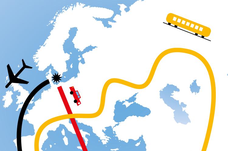 Der er stor forskel på dit klimaaftryk, alt efter om du flyver, kører i bil, eller tager bus eller tog på rejsen.  Illustration Jens Mørch