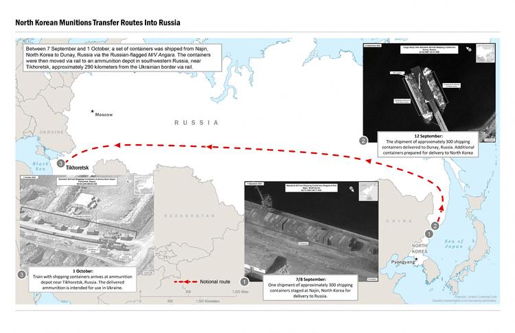 USA's regering offentliggjorde fredag dette billede, som viser, hvordan og hvornår Nordkorea sendte 1.000 containere med militært udstyr til Rusland til brug i Ukraine. Foto: Handout/Ritzau Scanpix