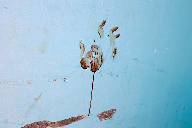 Et blodigt håndaftryk minder om massakren på beboere i Nir Oz i det sydlige Israel, en af de byer, der blev angrebet fra Gaza den 7. oktober. Foto: Gil Cohen-magen/Ritzau Scanpix