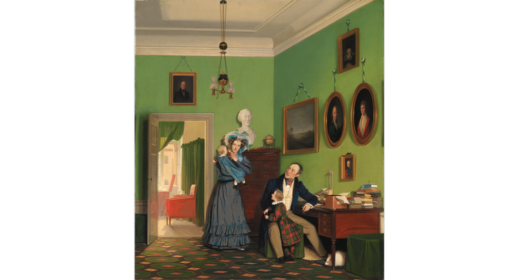 For 200 år siden søgte folk tilflugt i hjemmet, familien og dagligdagen, her illustreret ved Wilhelm Bendz' værk 'Familien Waagepetersen'. Kilde: www.smk.dk/Public Domain (CC0 1.0).  