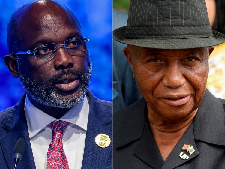 Joseph Boakai (til højre) vandt med blot 28.000 stemmer over Liberias siddende præsident, George Weah, ved det netop afsluttede præsidentvalg i det lille vestafrikanske valg Liberia.

    Foto: Ahmad Gharabli, Seyllou/Ritzau Scanpix