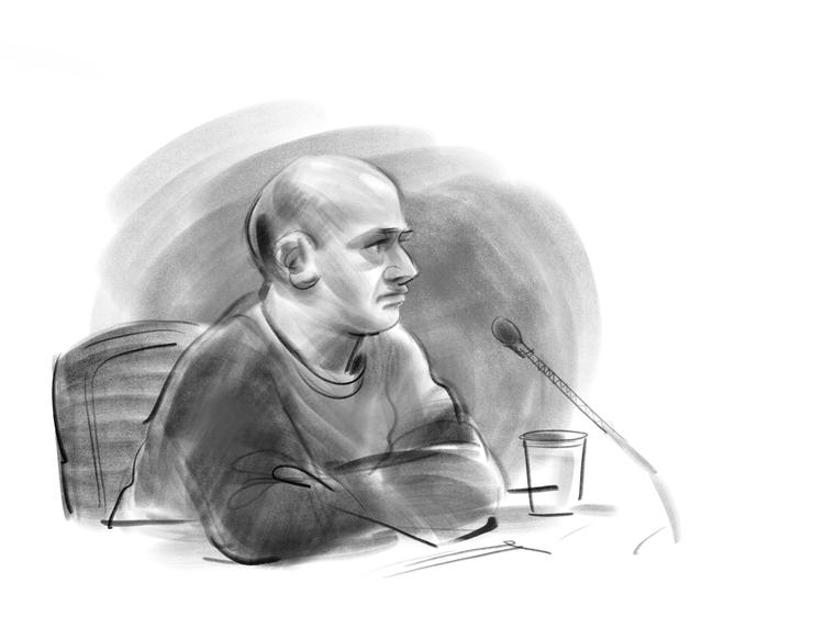 Sanjay Shah i grundlovsforhør i Retten i Glostrup 7. december sidste år. Foto: Retstegning Jesper Andkjær/Ritzau Scanpix