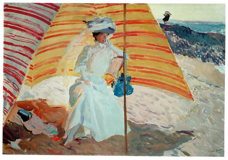 Joaquín Sorolla er som en spansk P.S. Krøyer, når han skildrer kvinder i hvide gevandter på stranden i solskin. Her er han mesterlig. 'Clotilde under solsejlet, Biarritz', 1906. Foto: Museo Sorolla