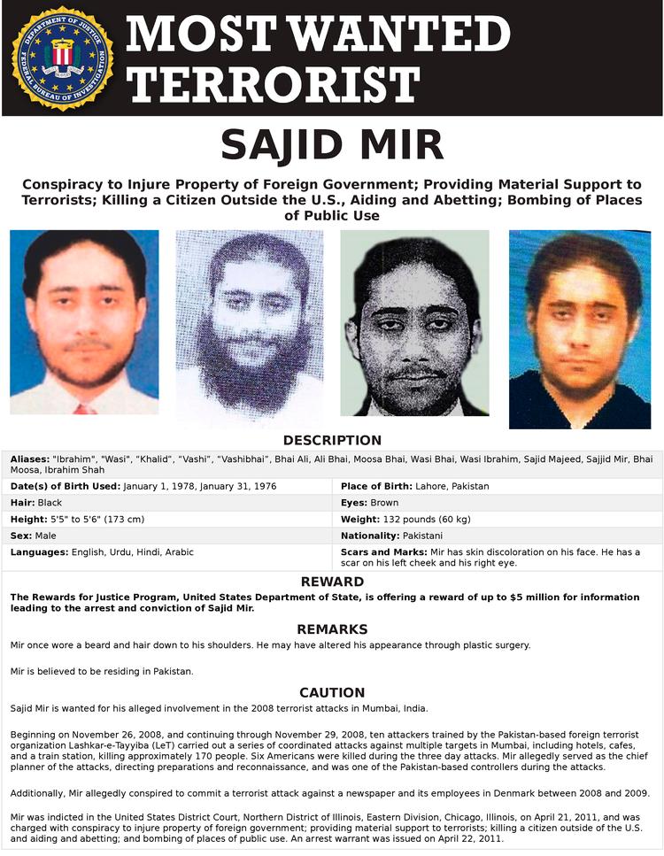 Sajid Mir står på FBS's liste over de  mest eftersøgte forbrydere. Årsagen er hans rolle i terrorangrebet i Mumbai i 2008 og planer om et terrorangreb på Jyllands-Posten.   Foto: Fbi
