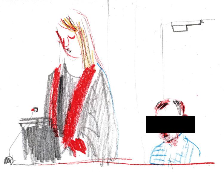 Forsvarer Luise Høj og den dømte tegnet under ankesagen i mandags. Foto: Claus Nørregaard/POLITIKEN