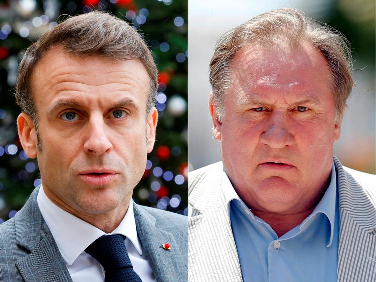 Frankrigs kulturminister mener, at skuespiller Gerard Depardieu (th.) skal have frataget sit ridderskab. Præsident Emmanuel Macron (tv.) har imidlertid taget Depardieu i forsvar.  Foto: Ludovic Marin, Valery Hache/Ritzau Scanpix