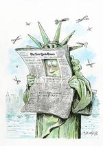 The New York Times besluttede sig for at fjerne den daglige satire fra deres internationale udgave af avisen i 2019. Tegner Marco De Angelis bruger her saksen som symbol og refererer til 1800-tallets satiretegninger, der hyppigt brugte saksen som symbol på netop censur.  Foto: Museet STORM