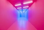I værket 'pink-blue' lader Kapwani Kiwanga beskueren bevæge sig gennem beroligende pink og den slags blåt lys, der skjuler blodårerne. Foto: David Stjernholm