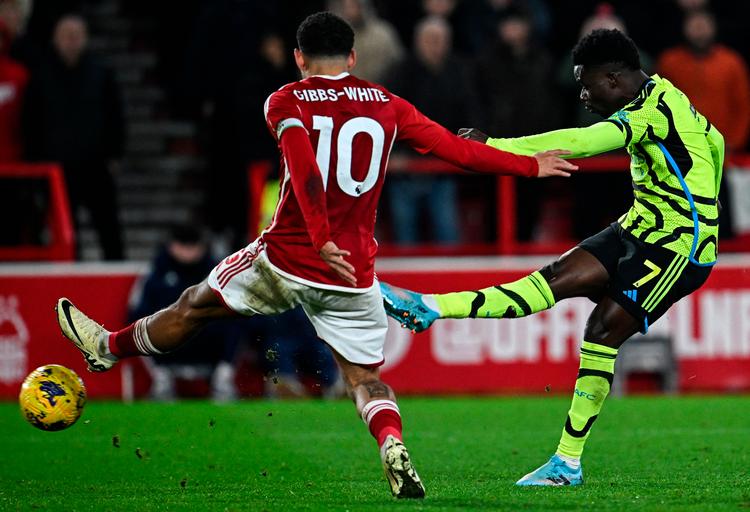 Bukayo Saka scorer til 2-0 for Arsenal mod Nottingham Forest. Foto: Paul Ellis/Ritzau Scanpix