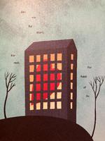 Ideen til bogen opstod, da Søren Jessen så et fotografi af en udbombet boligblok i Kyiv med et hul, der lignede et hjerte. Illustration fra bogen.  Tegning Søren Jessen