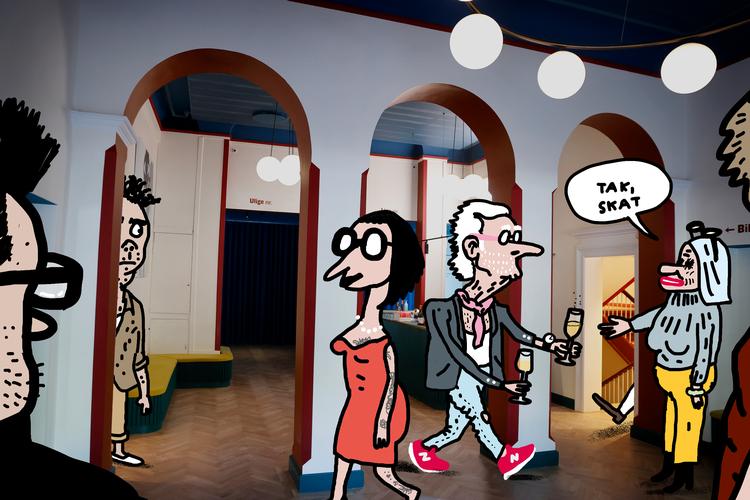 »Riesling eller Chardonnay?«. Velkommen på Betty Nansen Teatret. Foto: Originalfoto: Jens Dresling. Tegning: Philip Ytournel  /POLITIKEN