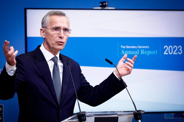Jens Stoltenberg fotograferet tidligere i dag på pressemødet i Natos hovedkvarter i Bruxelles.  Foto: Kenzo Tribouillard/Ritzau Scanpix