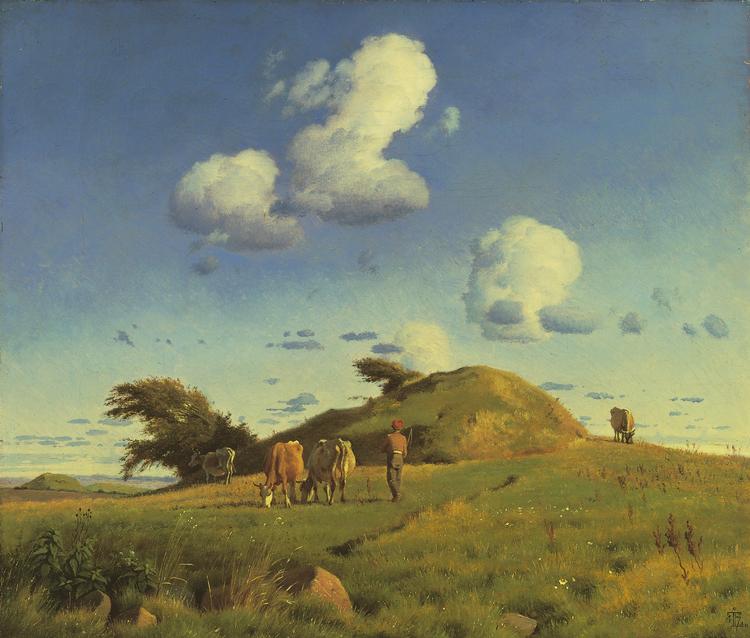 Er det guldaldermaleri eller bare maleri fra 1800-tallet? Det er i hvert tilfælde efterår i J.Th. Lundbyes landskabsbillede af gravhøjen Hankehøj ved Vallekilde i Vestsjælland fra 1847. Foto: Den Hirschsprungske Samling
