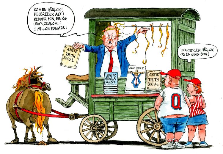 Donald Trump er ved at samle penge ind til sin kaution. Tegning: Roald Als 