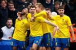 Superliga i Parken: FCK-Brøndby. Brøndbys Sean Klaiber har scoret til 1-2 og jubler med Jacob Rasmussen og Nicolai Vallys. Foto: Jens Dresling