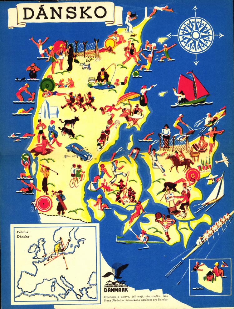 Danmark bød på rige muligheder for et aktivt friluftsliv – fra tennis og golf til lystfiskeri og kunstmaleri i det fri. Den livfulde tegning optræder i flere af brochurerne fra 1930’erne – her i en tjekkisk udgave fra 1937. Foto: Niels Gravesen/Rigsarkivet