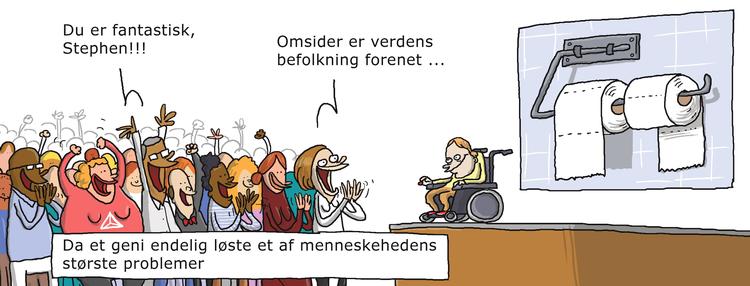 Toiletrulleproblematikken har tidligere været behandlet af duoen Wulffmorgenthaler, som lod et Stephen Hawking-lignende geni komme op med denne salomoniske løsning på uenigheden om, hvordan rullen bør hænge. Mikael Wulff og Anders Morgenthaler stoppede på Bagsiden i 2021 efter at have leveret mere end 5.000 striber til os. Tegning: Wulffmorgenthaler