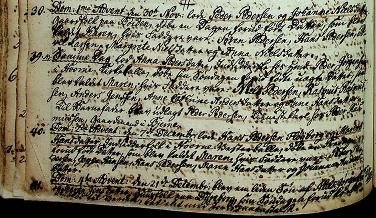 En af Annette Nyvangs fynske tiptiptipoldemødre, Maren Pedersdatter, blev født uden for ægteskabet i 1800. Faderen Peder Pedersen er 'udlagt', som det hedder i kirkebogen. Foto: Rigsarkivet