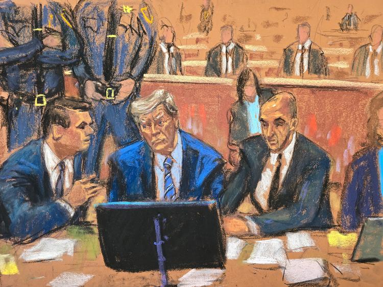 Den 77-årige Trump er stillet for retten anklaget for regnskabsfusk i forbindelse med udbetaling af tys-tys-penge til pornoskuespillerinden Stormy Daniels. Foto: Jane Rosenberg/Ritzau Scanpix