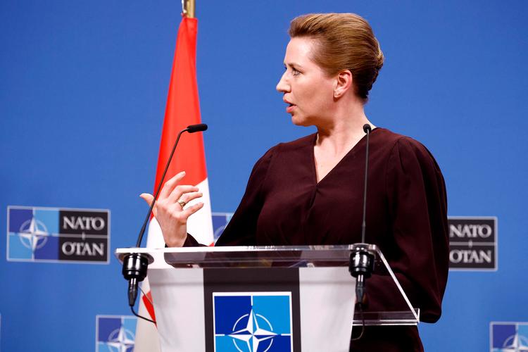 Mette Frederiksen fotograferet på dagens pressemøde i Nato-hovedkvarteret i Bruxelles. Foto: Kenzo Tribouillard/Ritzau Scanpix