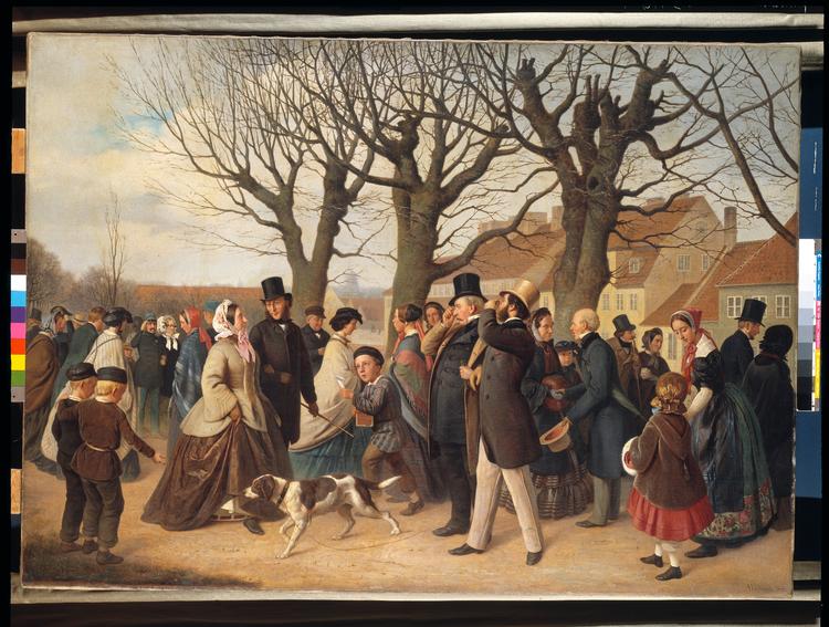 'På Københavns Vold aftenen før Store Bededag' hedder Andreas Herman Hunæus' maleri. Det var oprindeligt klokkespillet i Vor Frue Kirke, der lokkede borgerne ud på voldene. Foto: SMK Open