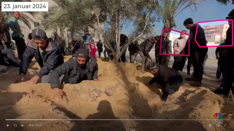 En video fra 23. januar 2024 viser palæstinensere, der er i gang med at begrave lig ved al Nasser-hospitalet i Khan Younis i det sydlige Gaza.  Foto: Tjekdet