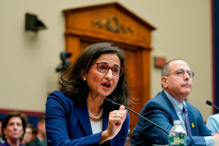 Præsidenten for universitetet Columbia i New York i USA, Nemat Minouche Shafik, fotograferet under en høring i Senatet 17. april.  Foto: Drew Angerer/Ritzau Scanpix