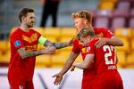 FC Nordsjællands Kian Hansen, Jeppe Tverskov og Daniel Svensson jubler efter udligningen til 1-1.   Foto: Jens Dresling