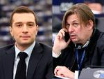 Marine Le Pens parti Rassemblement Nationales frontfigur i EU-Parlamentet, Jordan Bardella (tv), og Alternative für Deutchlands omstridte spidskandidat, Maximillian Krah, kender hinanden udmærket fra deres daglige arbejde i EU-Parlamentet og fælles gang i ID-gruppen.  Foto: Frederick Florin/Ritzau Scanpix