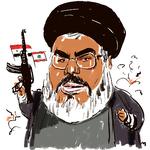Sheikh Hassan Nazrallah, leder af Hizbollah, truer med at åbne en krig mod Israel i solidaritet med palæstinenserne i Gaza. Israel truer til gengæld med at sende Sydlibanon »tilbage til stenalderen«.
 Foto: Mette Dreyer/Politiken-Tegning