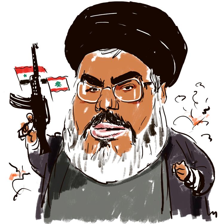 Sheikh Hassan Nazrallah, leder af Hizbollah, truer med at åbne en krig mod Israel i solidaritet med palæstinenserne i Gaza. Israel truer til gengæld med at sende Sydlibanon »tilbage til stenalderen«.
 Foto: Mette Dreyer/Politiken-Tegning