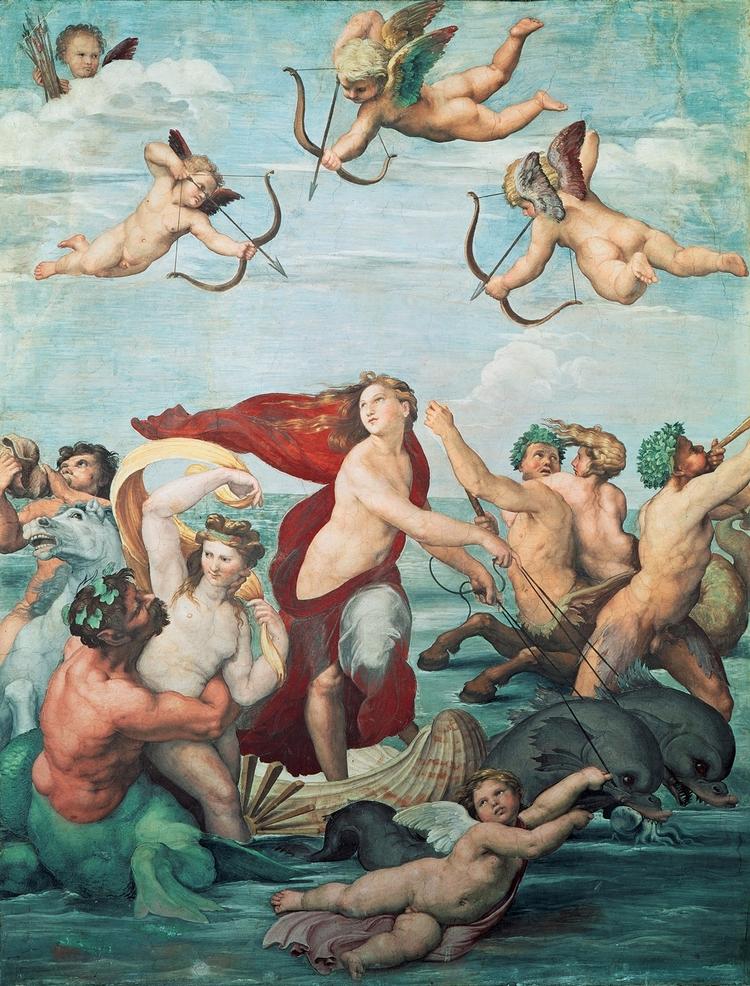 Galateas triumf (1512) af Raphael har flere motiver af amoriner eller cupidoer, små børneengle. Formålet var dog ikke at male dem nuttede, men naturlige, mener professor Joshua Paul Dale. Foto: Villa Farnesina