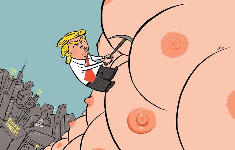 Præsidentens forhold til kvinder har været et omstridt emne under valget, og Trump er blandt andet blevet beskyldt for seksuelle overgreb fra en række kvinder - hvilket præsidenten benægtede. Selv omtaler Trump sit forhold til kvinder som en afhængighed - andre beskriver det som, at Trump ser kvinder som rekvisitter, for sin ageren som alfahan.  Tegning: Philip Ytournel 