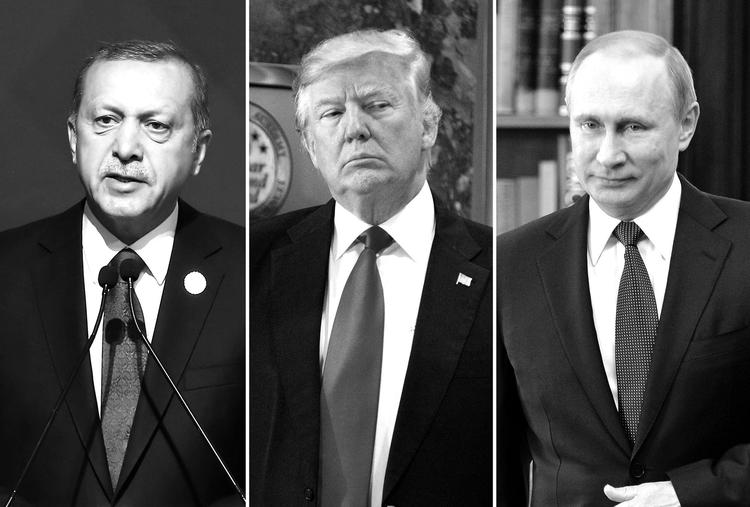 Med fredagens amerikanske angreb i Syrien åbnede sig et helt nyt spil mellem lederne af tre af verdens stærkeste militærmagter, Tyrkiets præsident Erdogan (tv.), USA’s Trump og Ruslands Putin (th.). 