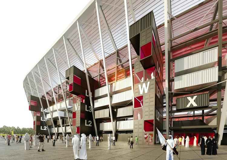 Ras Abu Aboud Stadion skal bygges af tusindvis af containere, som efter VM kan skilles ad og bruges på ny. 