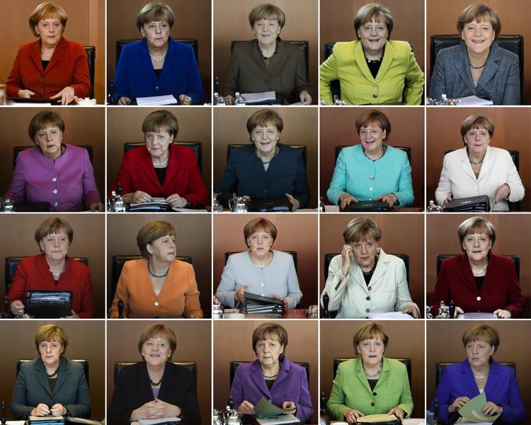 Kansler Merkel klæder sig i mange kulører, og hun får brug for hele paletten for at lede en regering, der er præget af stor lyst til at komme med meldinger i endnu flere retninger end farverne på kanslerens jakker. Markus Schreiber/AP