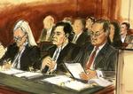 Bankmanden Mehmet Hakan Atilla, nr to fra venstre, er havnet i striden mellem Trump og Erdogan. Han blev idømt 32 måneders fængsel ved en retssag i New York. Tegning: Elizabeth Willliams/AP
 Tegning Elizabeth Willliams/AP