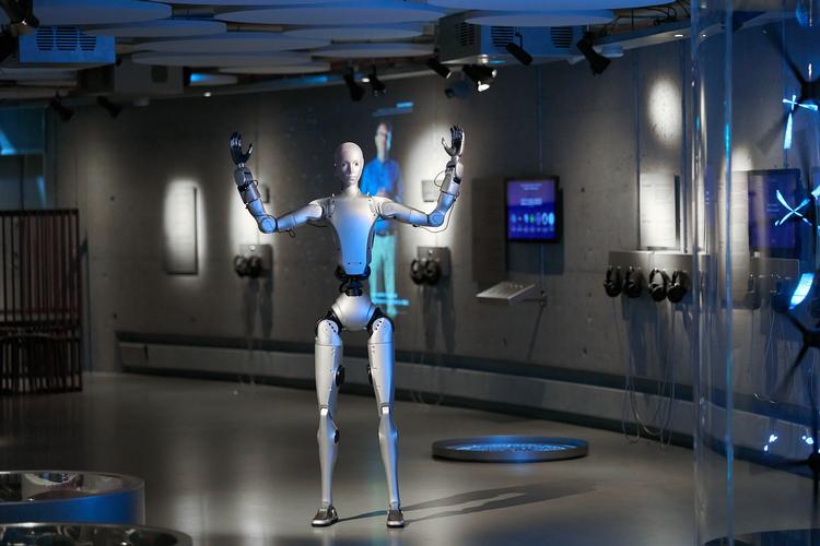 De menneskelignende robotter er modellerne Unitree H2. De er begge 182 cm høje, vejer 70 kg, og så ligner de noget, der er taget ud af en science fiction-film. Pr-foto:  Planetarium