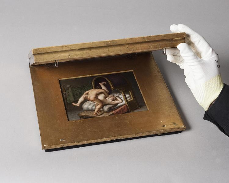 På udstillingen 'Tæt på' på SMK kunne man opleve det erotiske maleri gemt bag et uskyldigt landskab. Kunstneren er ukendt. Foto: Ana Cecilia Gonzalez/SMK, Ny Carlsberg Glyptotek og Anders Sune Berg 