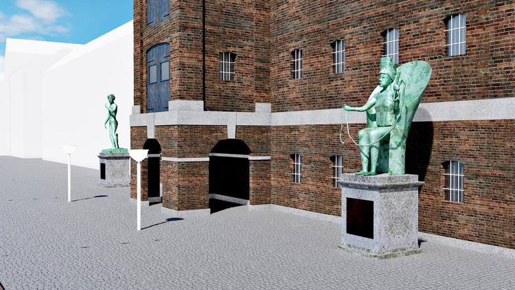 Ehlers’ skulptur ’Queen Mary’ sidder på denne skitse med en pisk i hånden, men det bliver en machete, når værket stilles op foran Dansk Vestindisk Pakhus til oktober. Illustration:  Daviid Ranløv