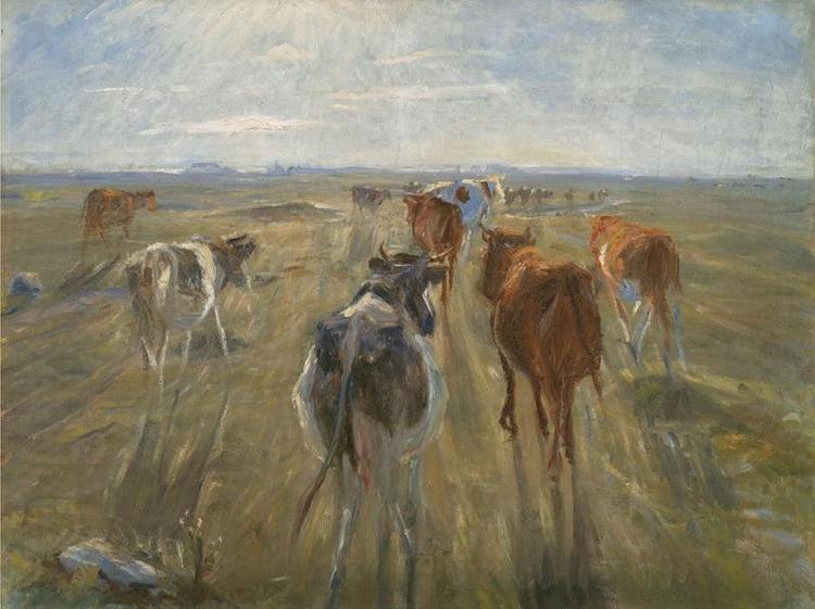Theodor Philipsen var Danmarks helt store kreaturmaler og lod sig inspirere af den franske impressionisme. Her er det 'Lange skygger. Kvæg på Saltholm' (ca. 1890) 