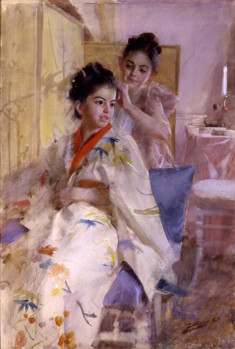 Med sædvanlig virtuositet har svenskeren Anders Zorn forvandlet de to frøkner Salomon til et par japanske geishaer. Men den fladebetonede, ornamentale opbygning af billedet, som var så typisk for japanske farvetræsnit, har han undladt. De to pigers forvandling fandt sted i 1888, og akvarellen har Zornmuseet i Mora udlånt til Statens Museum for Kunsts nye udstilling ’Japanomania’. 