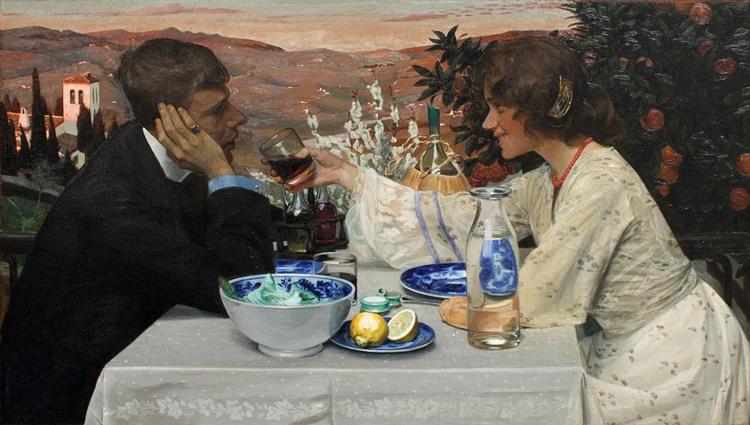 Hos Harald Slott-Møller på ’Primavera’ fra 1901 sidder vi både til bords med et forelsket par i Italien og med Adam og Eva, der frister ham. 