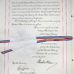 Salgstraktaten for salget af Dansk Vestindien, her traktatens sidste side underskrevet af den amerikanske præsident, Woodrow Wilson, og hans udenrigsminister, Robert Lansing. 