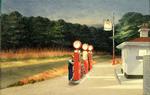 Der sker ikke noget i Edward Hoppers ’Gas’ fra 1940, men man fornemmer, at det kan der komme til. Og det vil ikke være noget godt. 